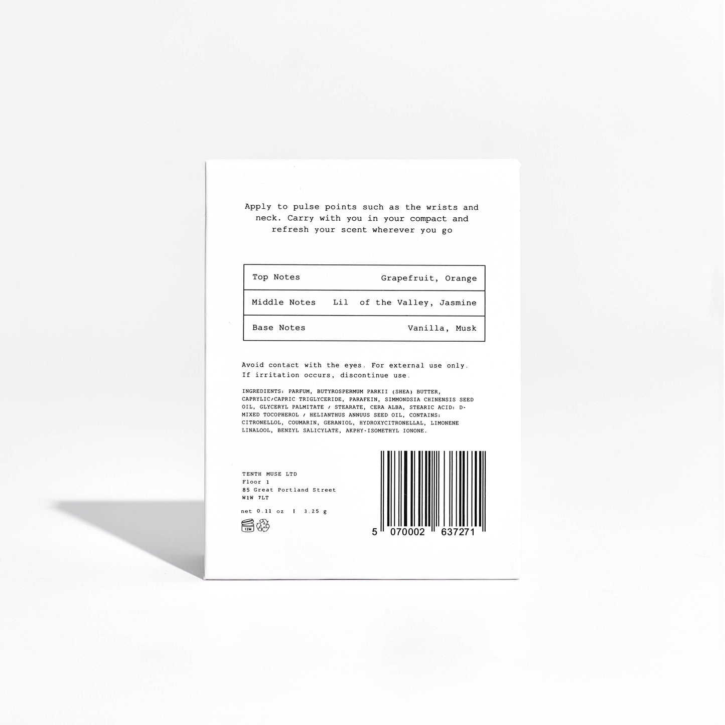 Back of Clean Girl Solid Perfume Balm packaging showing ingredients list and product information