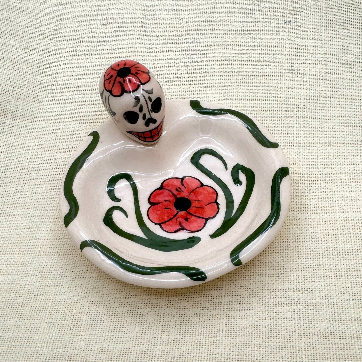 Hand-Painted Skull Pottery Dish – Ceramic Trinket or Incense Holder