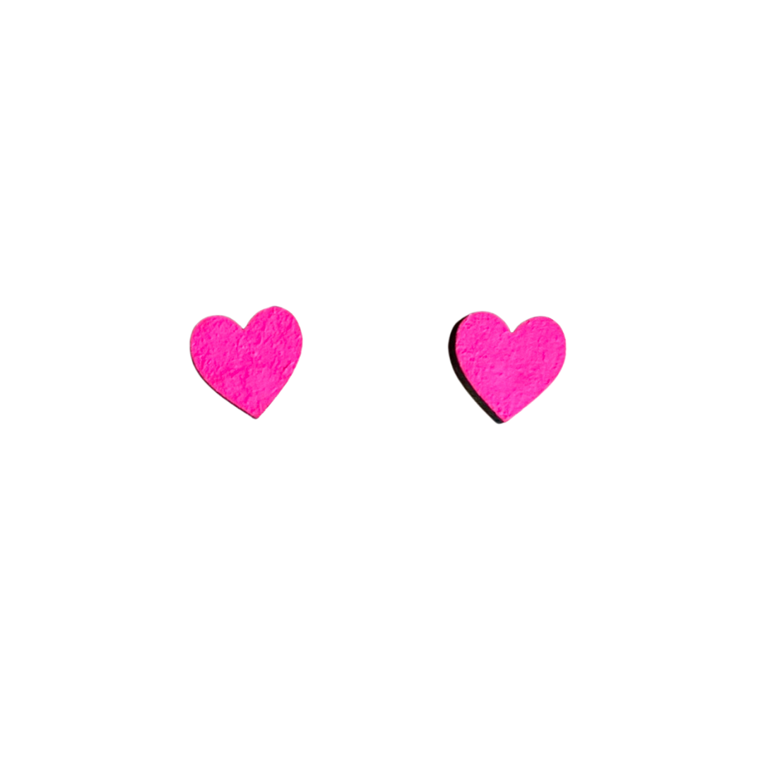 Neon Pink Heart Stud Earrings – Hand-Painted FSC Wood with Surgical Steel Posts