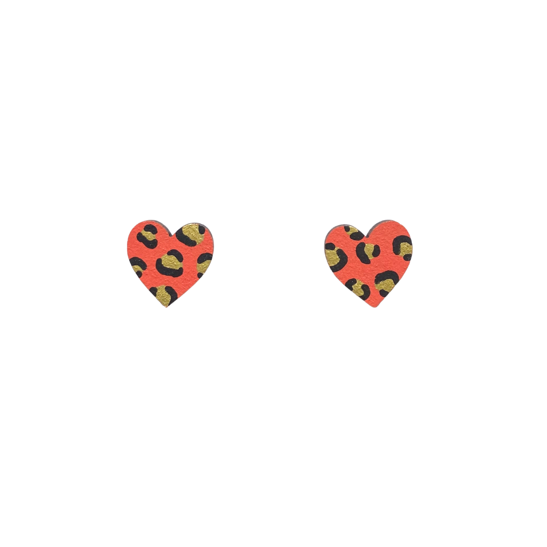Orange & Gold Leopard Print Stud Earrings – Hand-Painted FSC Wood with Surgical Steel Posts