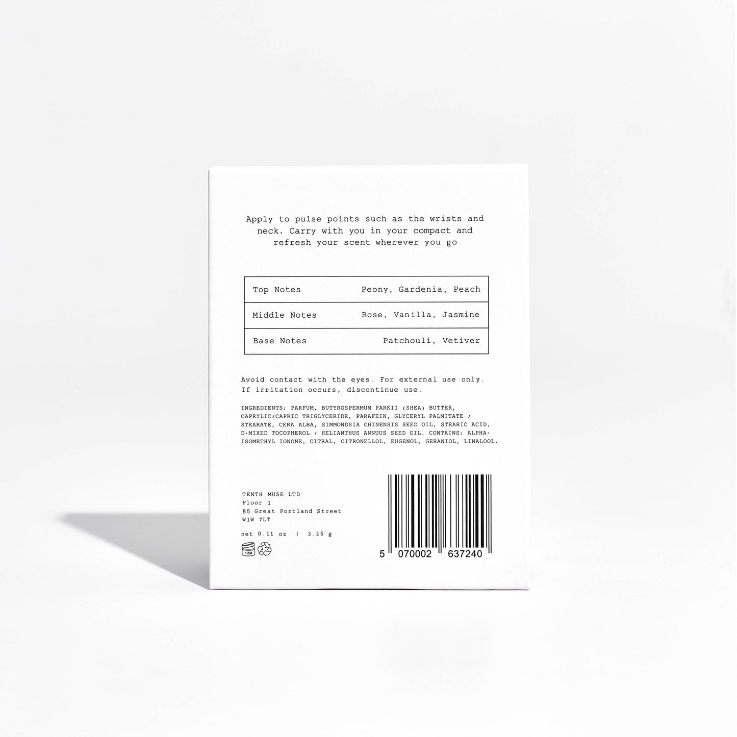 Back of Date Night Solid Perfume Balm packaging showing ingredients list and product information