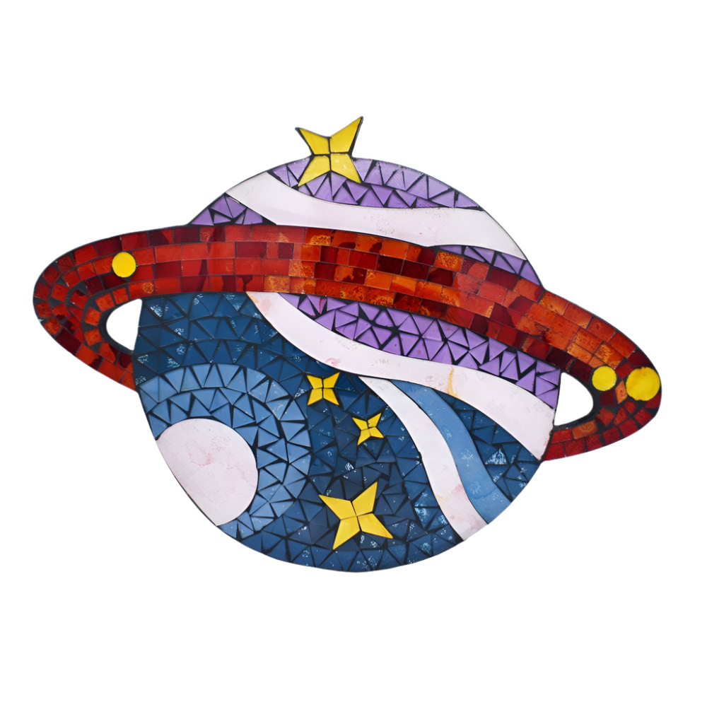 Front view of Stars & Planets mosaic wall hanging, handcrafted from multicoloured glass tiles on albesia wood, against a white background.