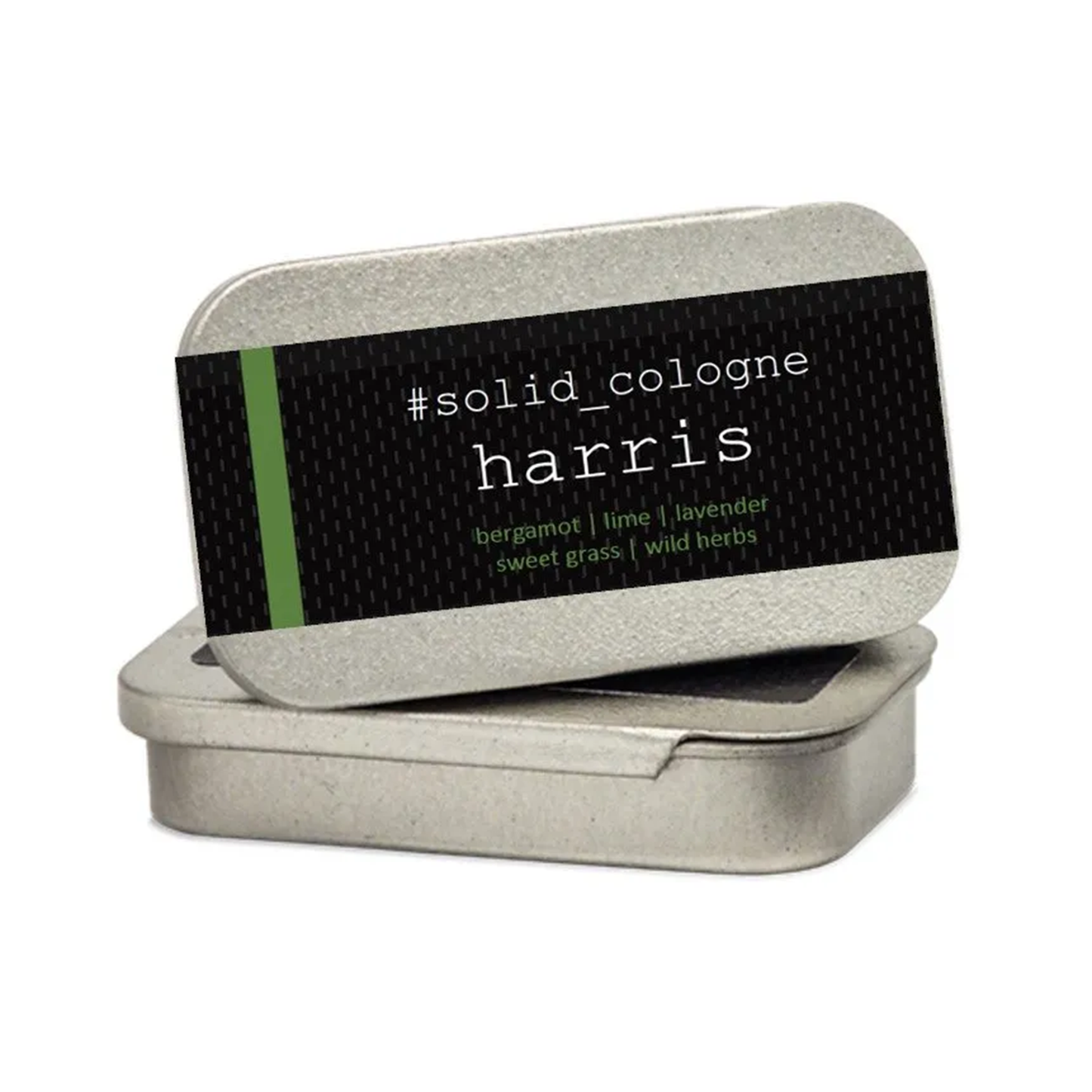 Harris; sustainable solid cologne fragrance in rectangular tin with green details