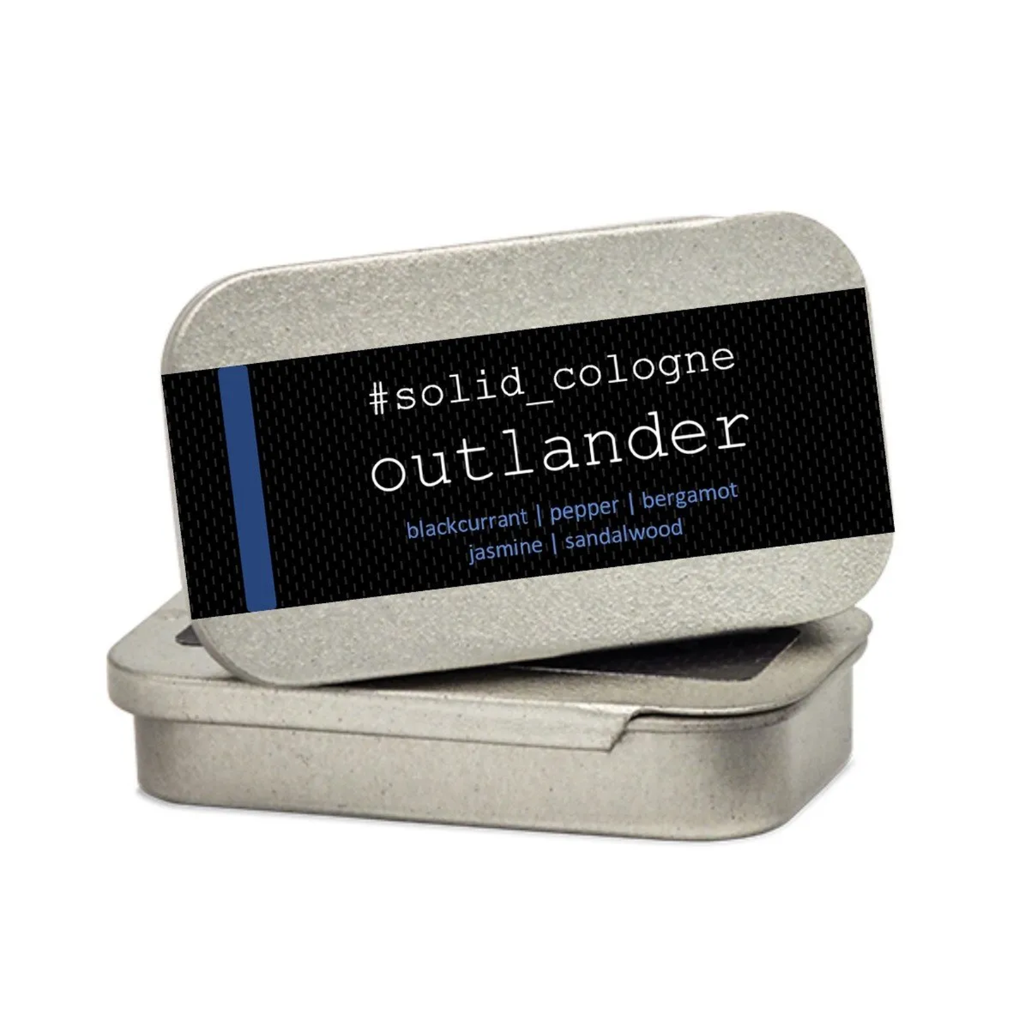 Outlander; sustainable solid cologne fragrance in rectangular tin with blue details