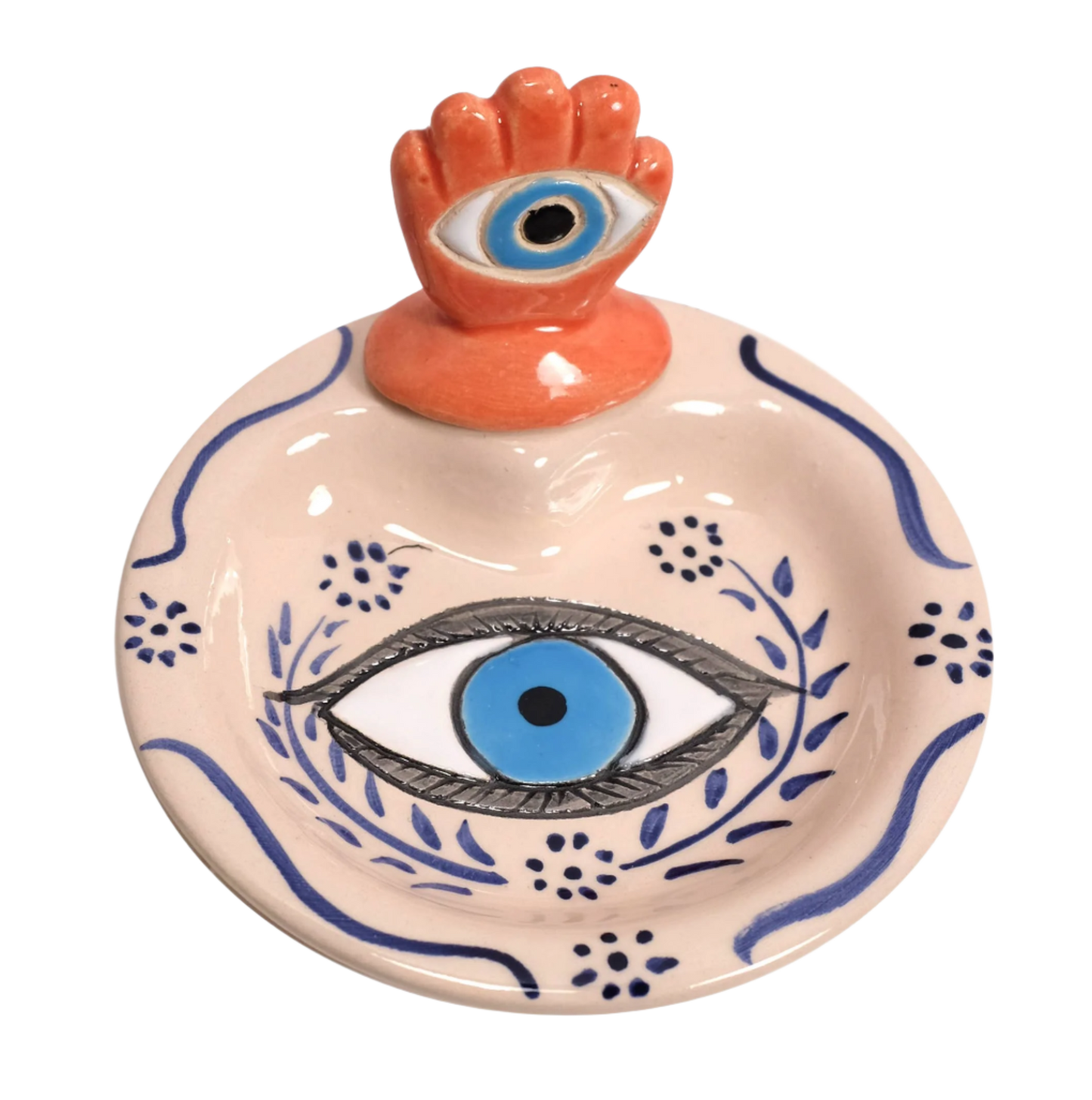 Ceramic Trinket Dish with Hand & Evil Eye Design