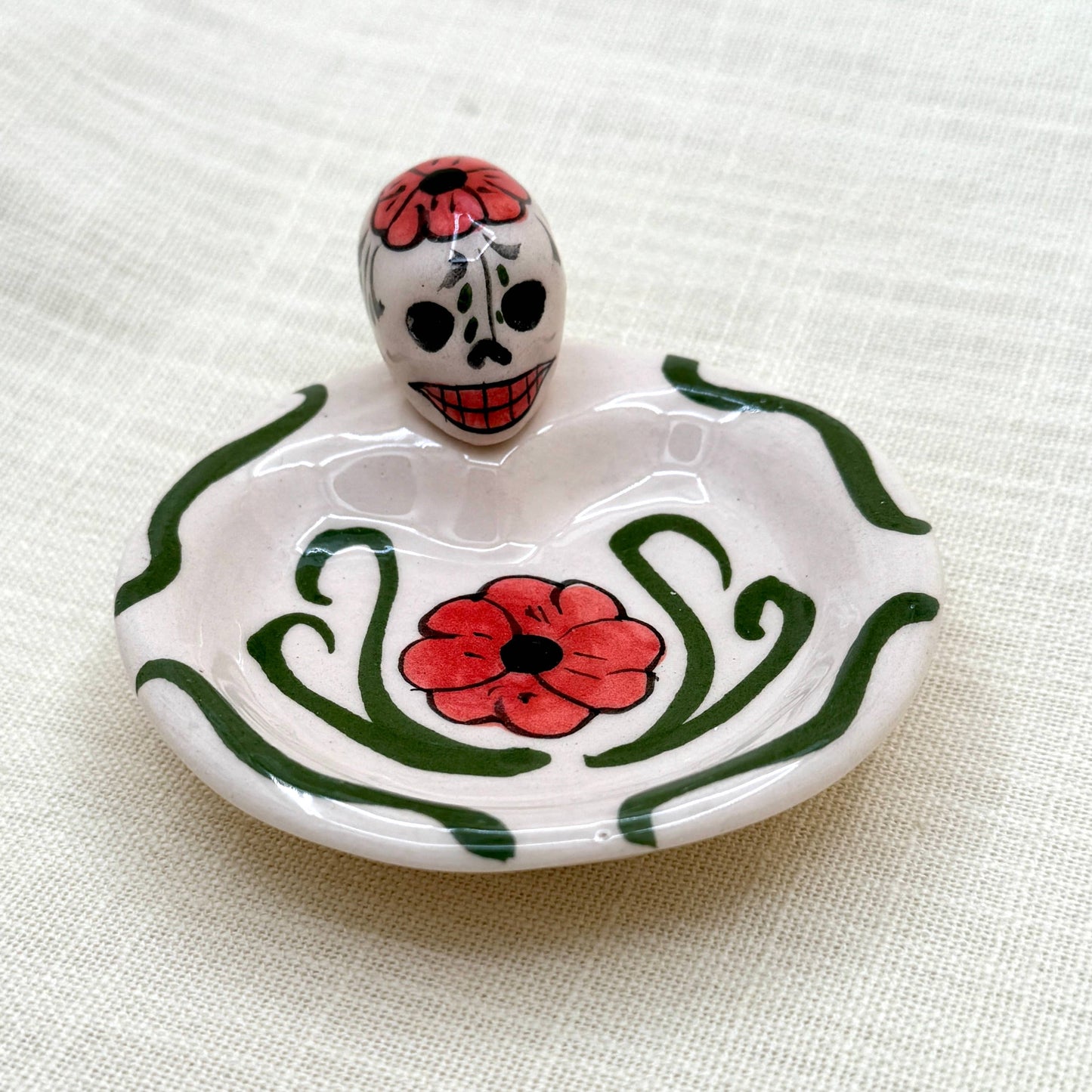 Hand-Painted Skull Pottery Dish – Ceramic Trinket or Incense Holder
