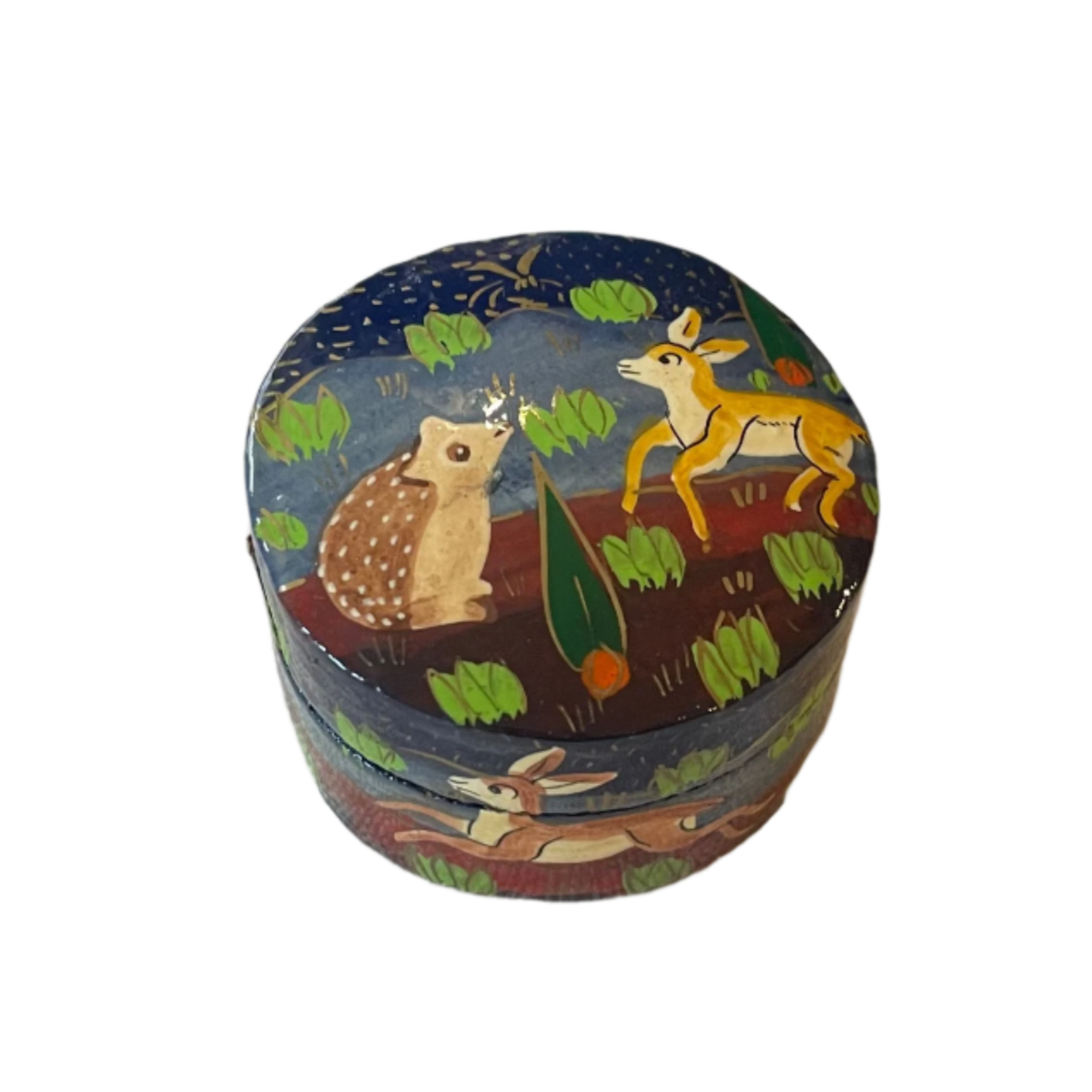 Round decorative box with animal illustrations on a white background