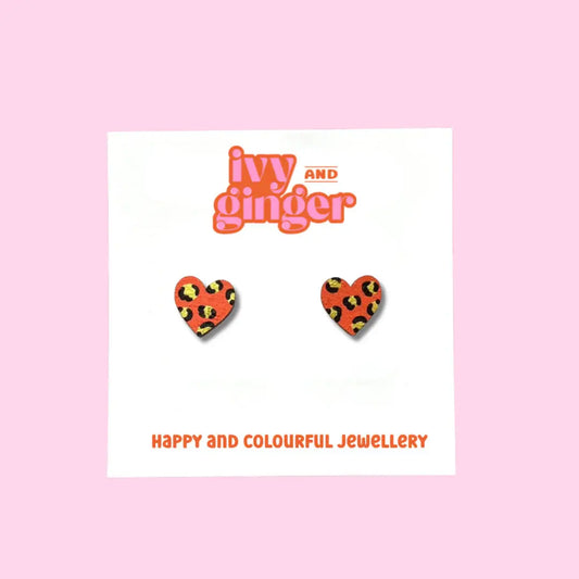 Orange & Gold Leopard Print Stud Earrings – Hand-Painted FSC Wood with Surgical Steel Posts