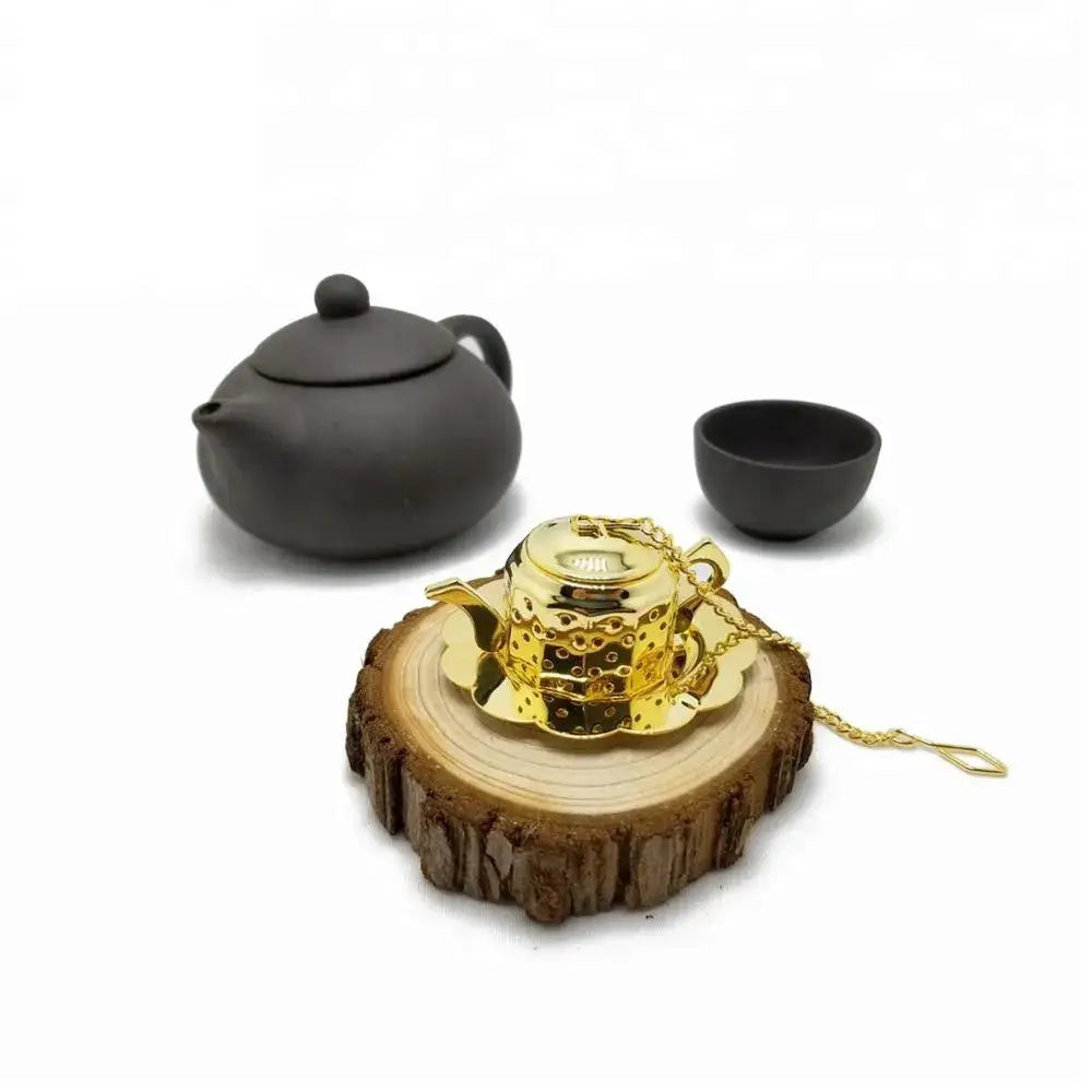 Stainless Steel Gold Color Teapot Infuser with Drip Tray