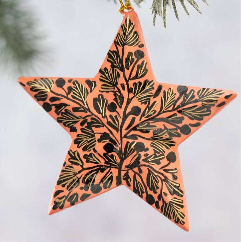 Black & Pink Floral Christmas Hanging Star Bauble