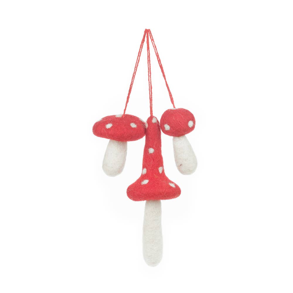 Set of 3 Handmade Felt Toadstool Mushroom Hanging Decorations