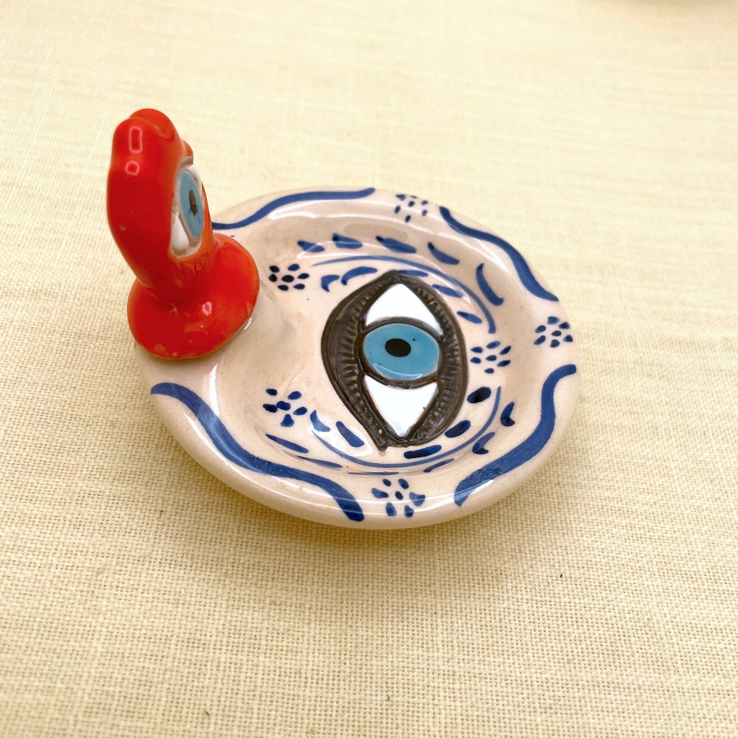 Ceramic Trinket Dish with Hand & Evil Eye Design