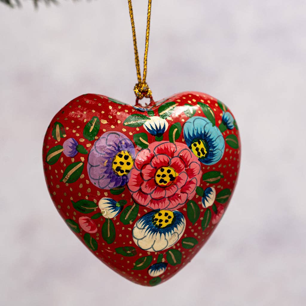 Red Floral Hanging Heart Bauble Christmas Decoration