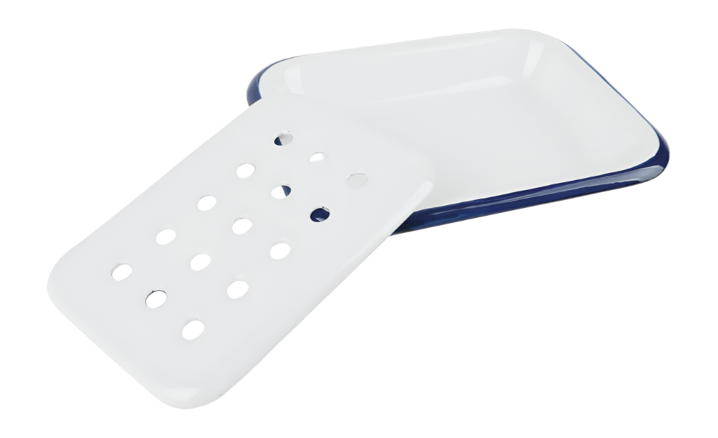 white blue enamel soap dish 