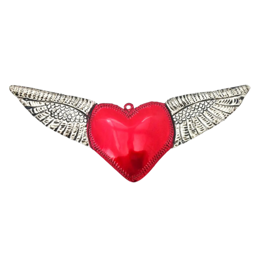 Mexican Tin Ex Voto Milagros Hanging Decoration - Heart in Flight (Large)