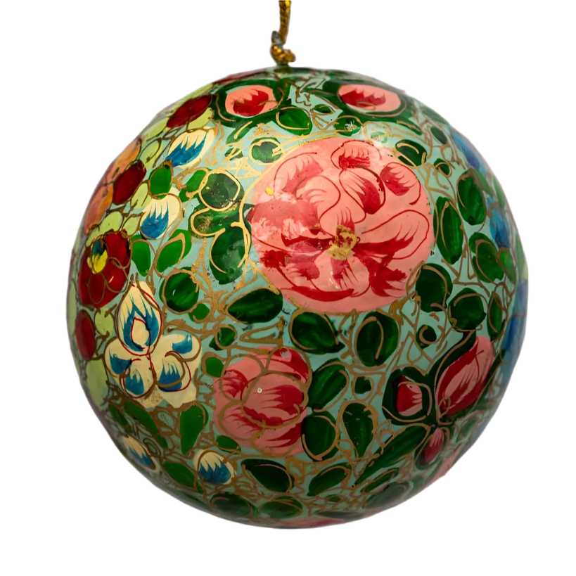 Green Floral Paper-Mache Christmas Bauble Decoration