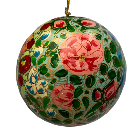 Green Floral Paper-Mache Christmas Bauble Decoration