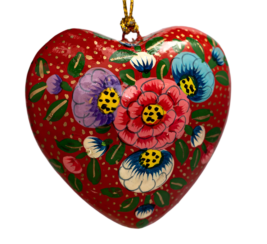 Red Floral Hanging Heart Bauble Christmas Decoration