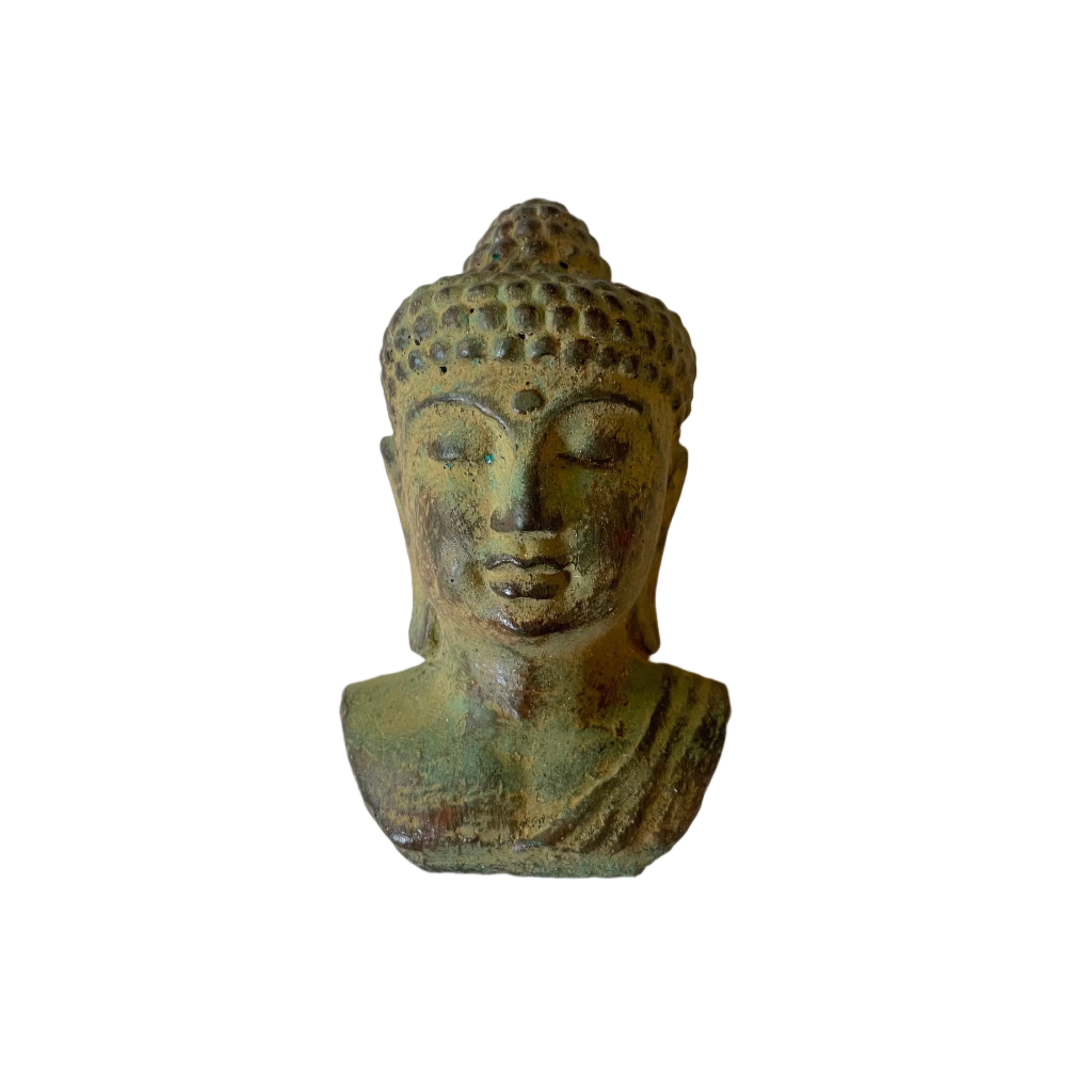 Cast sandstone Buddha head ornament with soft green finish, hand-crafted in Bali