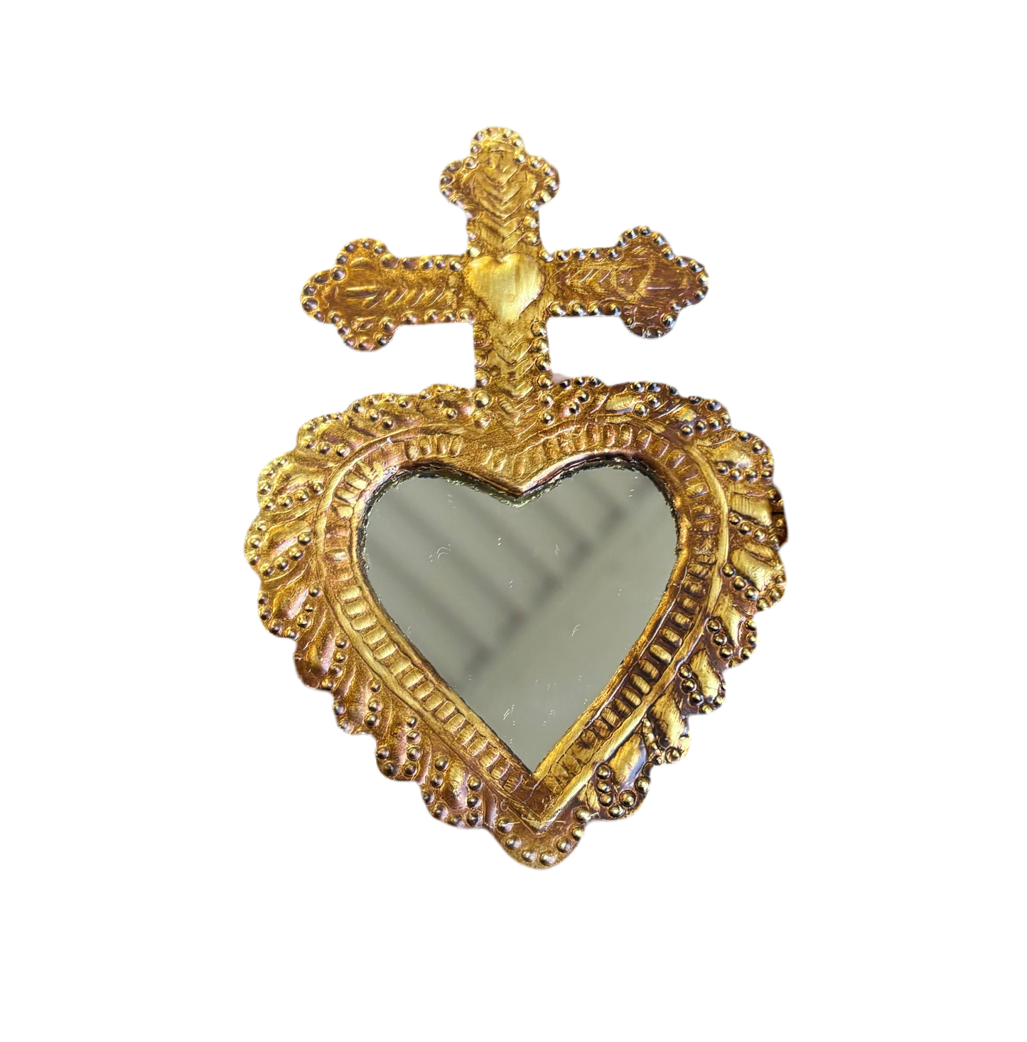 Cross on Sacred Heart Tin Milagros Hanging Ornament With Mirror