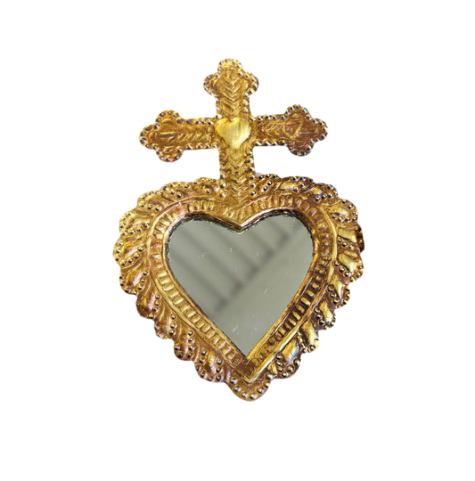 Cross on Sacred Heart Tin Milagros Hanging Ornament With Mirror