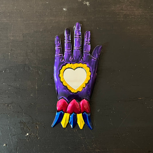 Mexican Tin Milagros - Purple Hand With Mirror