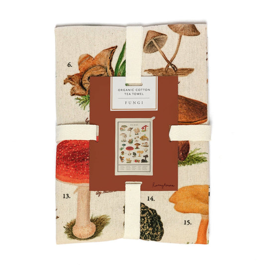Fungi print organic cotton tea towel neatly folded and tied with a fabric ribbon, displayed in eco-friendly packaging against a white background.