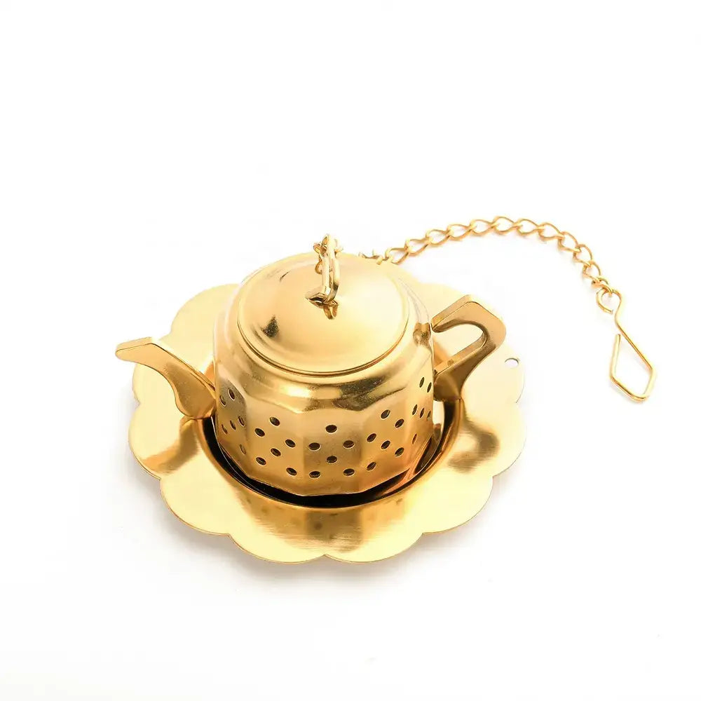 Stainless Steel Gold Color Teapot Infuser with Drip Tray