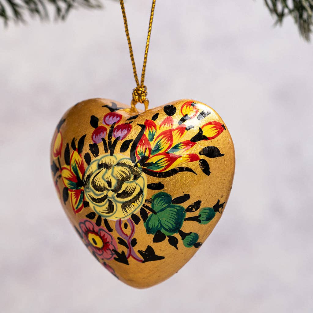 Gold Indian Floral Heart Christmas Ornament