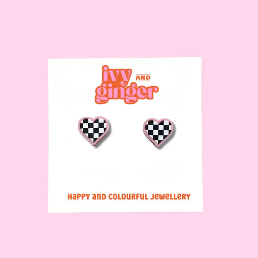 Pink Checkerboard Heart Stud Earrings – Handmade UK Acrylic with Surgical Steel Posts