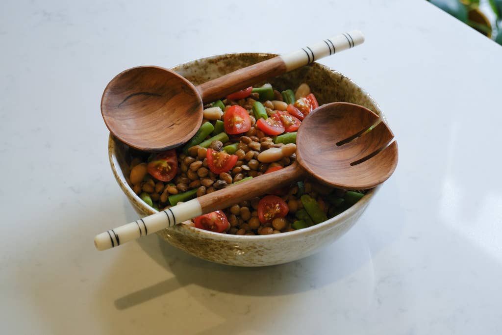 Olive Wood White Batik Bone Handle Salad Spoons