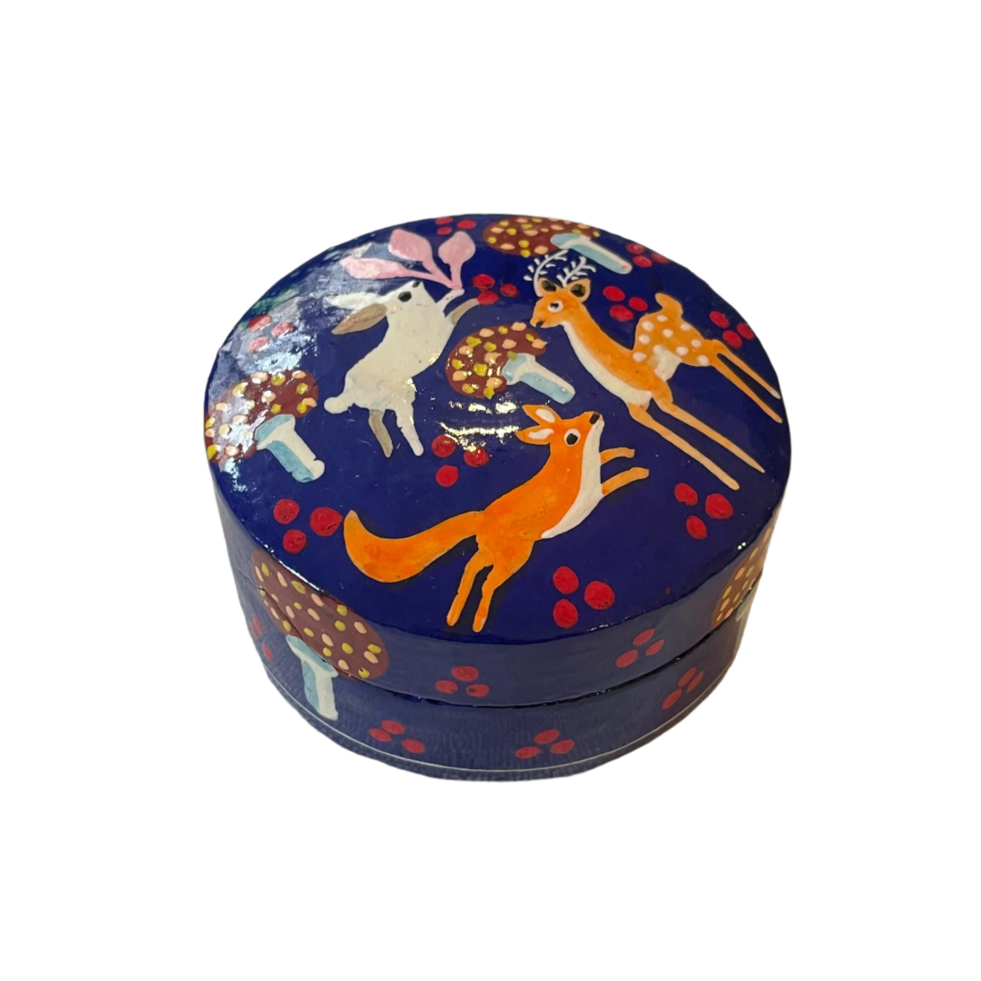 Hand-painted blue papier-mâché trinket box with woodland design