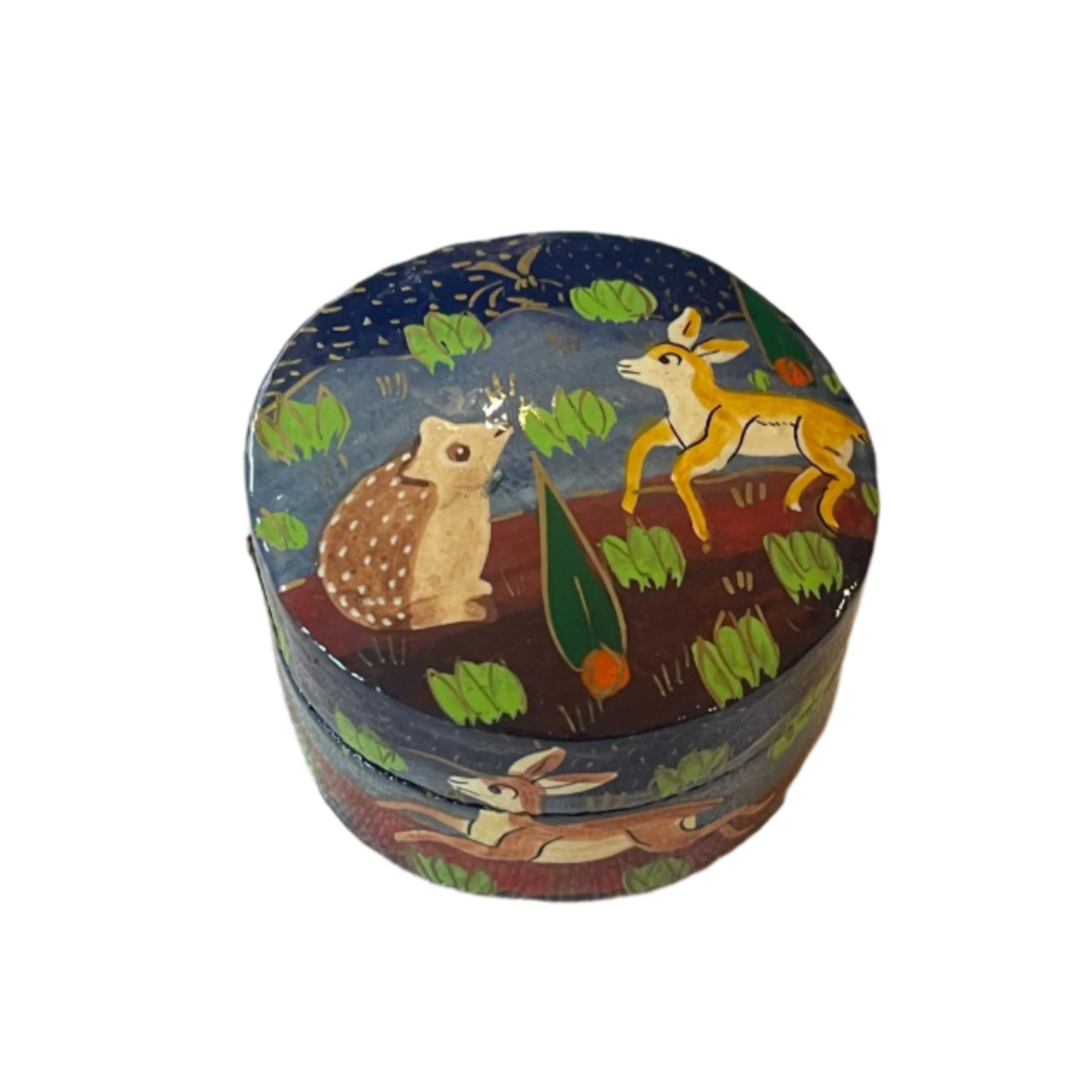 Round decorative box with animal illustrations on a white background
