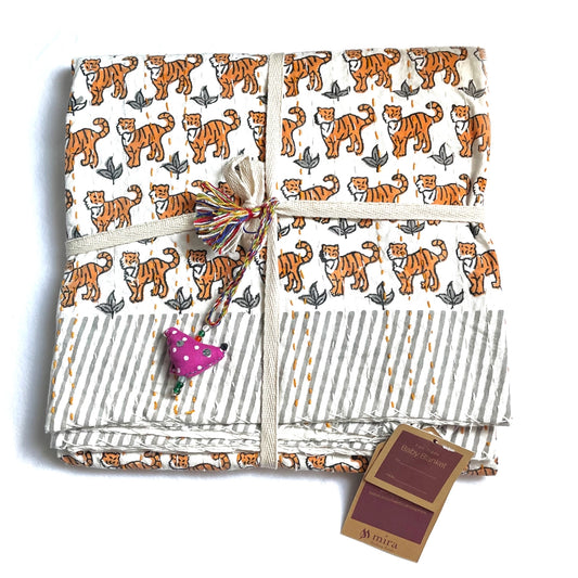 Block Printed Kantha Baby Quilt - Tiger Print